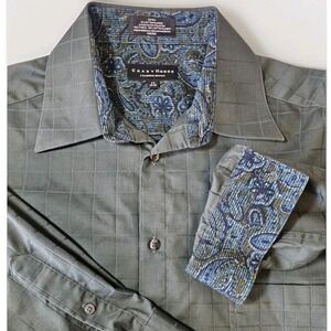 Crazy Horse Dress Shirt Men's Sz 17 34/35 Green Button Up Flip Cuff  Sateen